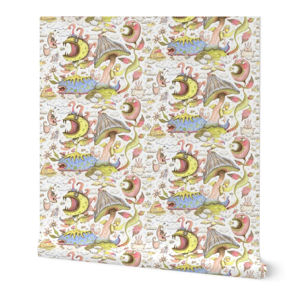 quirky spring flora and fauna fantasy pastels, large scale, white blue yellow green pink brown coral red