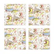 quirky spring flora and fauna fantasy pastels, large scale, white blue yellow green pink brown coral red