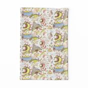 quirky spring flora and fauna fantasy pastels, large scale, white blue yellow green pink brown coral red