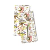 quirky spring flora and fauna fantasy pastels, large scale, white blue yellow green pink brown coral red