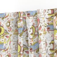 quirky spring flora and fauna fantasy pastels, large scale, white blue yellow green pink brown coral red