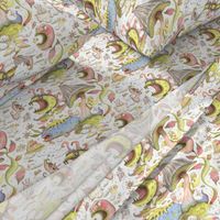 quirky spring flora and fauna fantasy pastels, large scale, white blue yellow green pink brown coral red