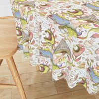 quirky spring flora and fauna fantasy pastels, large scale, white blue yellow green pink brown coral red