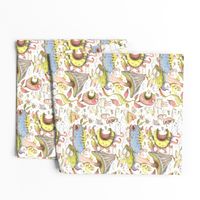 quirky spring flora and fauna fantasy pastels, large scale, white blue yellow green pink brown coral red
