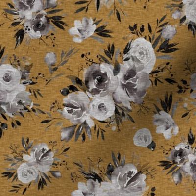 9” Grayscale blooms on mustard gold linen