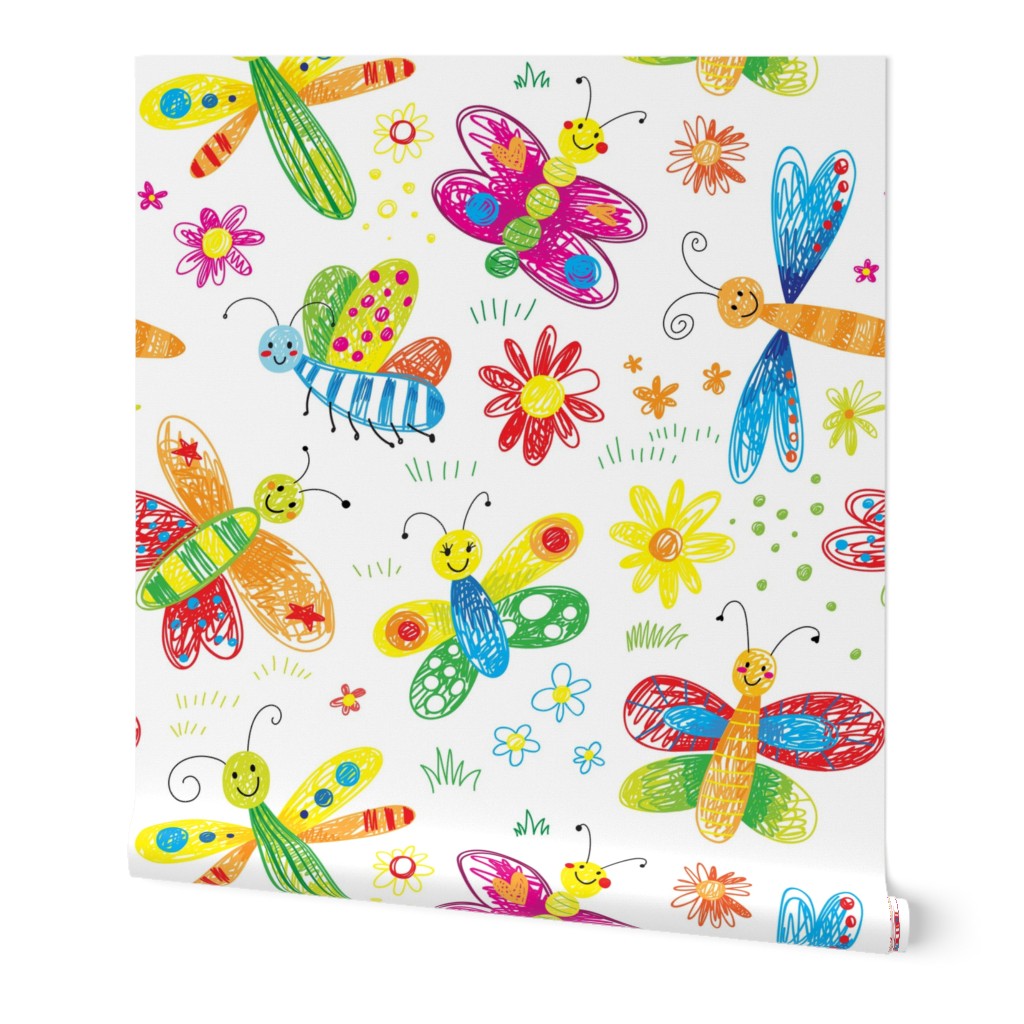 cute butterfly flowers kids hand drawn doodle girls