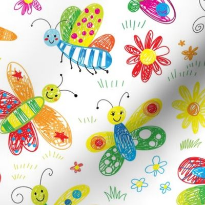 cute butterfly flowers kids hand drawn doodle girls