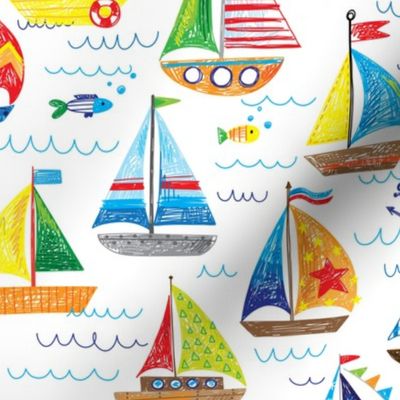 hand drawn sailboat ocean summer doodle pattern