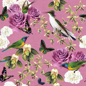 Romatic liaison of orchids, roses  and birds - purples and greens