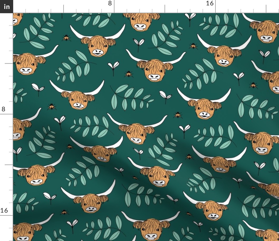 Adorable highland cattle sweet spring cows with horns Scandinavian kids design green gender neutral