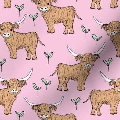 Adorable highland cattle fields sweet spring cows with horns Scandinavian kids design pink mint girls