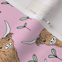 Adorable highland cattle fields sweet spring cows with horns Scandinavian kids design pink mint girls
