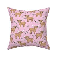 Adorable highland cattle fields sweet spring cows with horns Scandinavian kids design pink mint girls