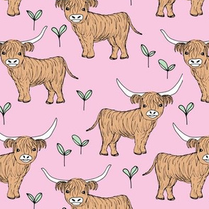 Adorable highland cattle fields sweet spring cows with horns Scandinavian kids design pink mint girls