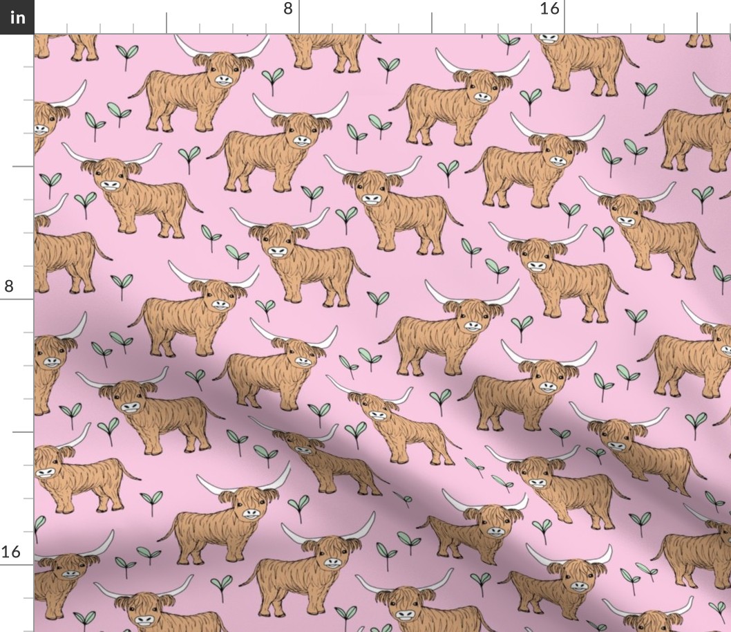 Adorable highland cattle fields sweet spring cows with horns Scandinavian kids design pink mint girls