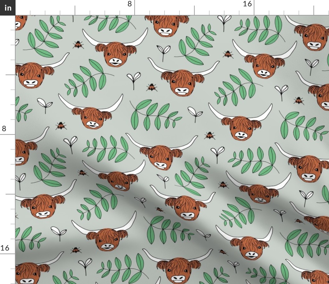 Adorable highland cattle sweet spring cows with horns Scandinavian kids design leaves baby mint green gender neutral