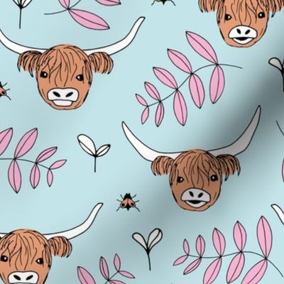 Adorable highland cattle sweet spring cows with horns Scandinavian kids design leaves baby blue girls pink