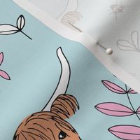 Adorable highland cattle sweet spring cows with horns Scandinavian kids design leaves baby blue girls pink