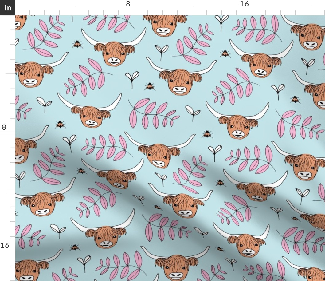 Adorable highland cattle sweet spring cows with horns Scandinavian kids design leaves baby blue girls pink