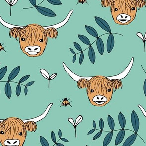 Adorable highland cattle sweet spring cows with horns Scandinavian kids design leaves baby mint green