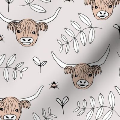Adorable highland cattle sweet spring cows with horns Scandinavian kids design leaves baby soft gray beige gender neutral