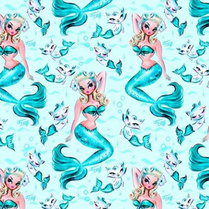 Tropical MERMAID Fabric Panel Ocean Paradise ~ Hawaiian Happy Mermaid Fabric  Quilt Square
