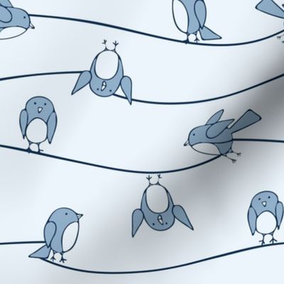 Seamless vector pattern with bluebirds on line. Cute funny hand drawn birds wallpaper design for children. Simple fashion textile print.