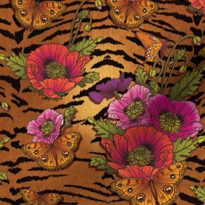 Poppies & Butterflies On Tiger Print