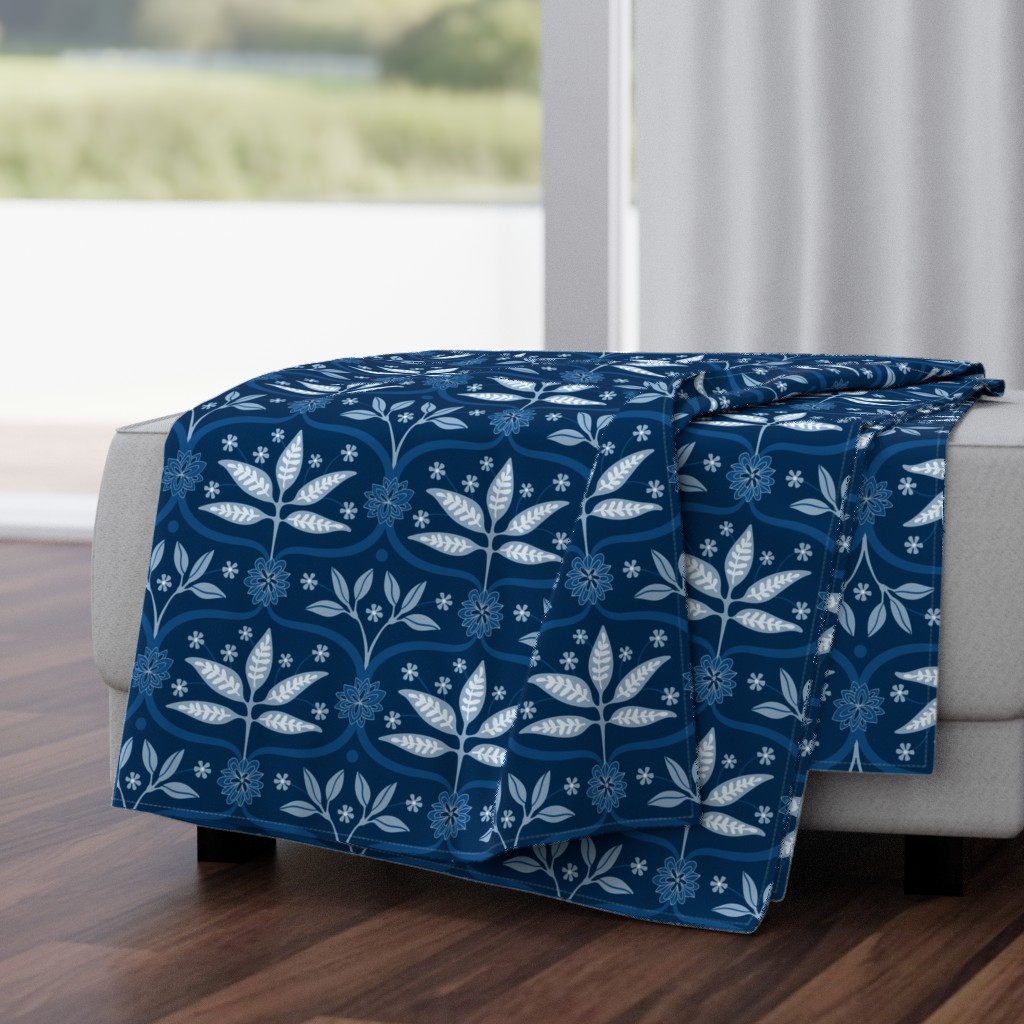 Mahal Floral Botanical Damask Ogee in Classic Dark Navy Indigo Blue and White - UnBlink Studio by Jackie Tahara