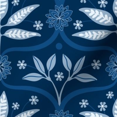 Mahal Floral Botanical Damask Ogee in Classic Dark Navy Indigo Blue and White - UnBlink Studio by Jackie Tahara