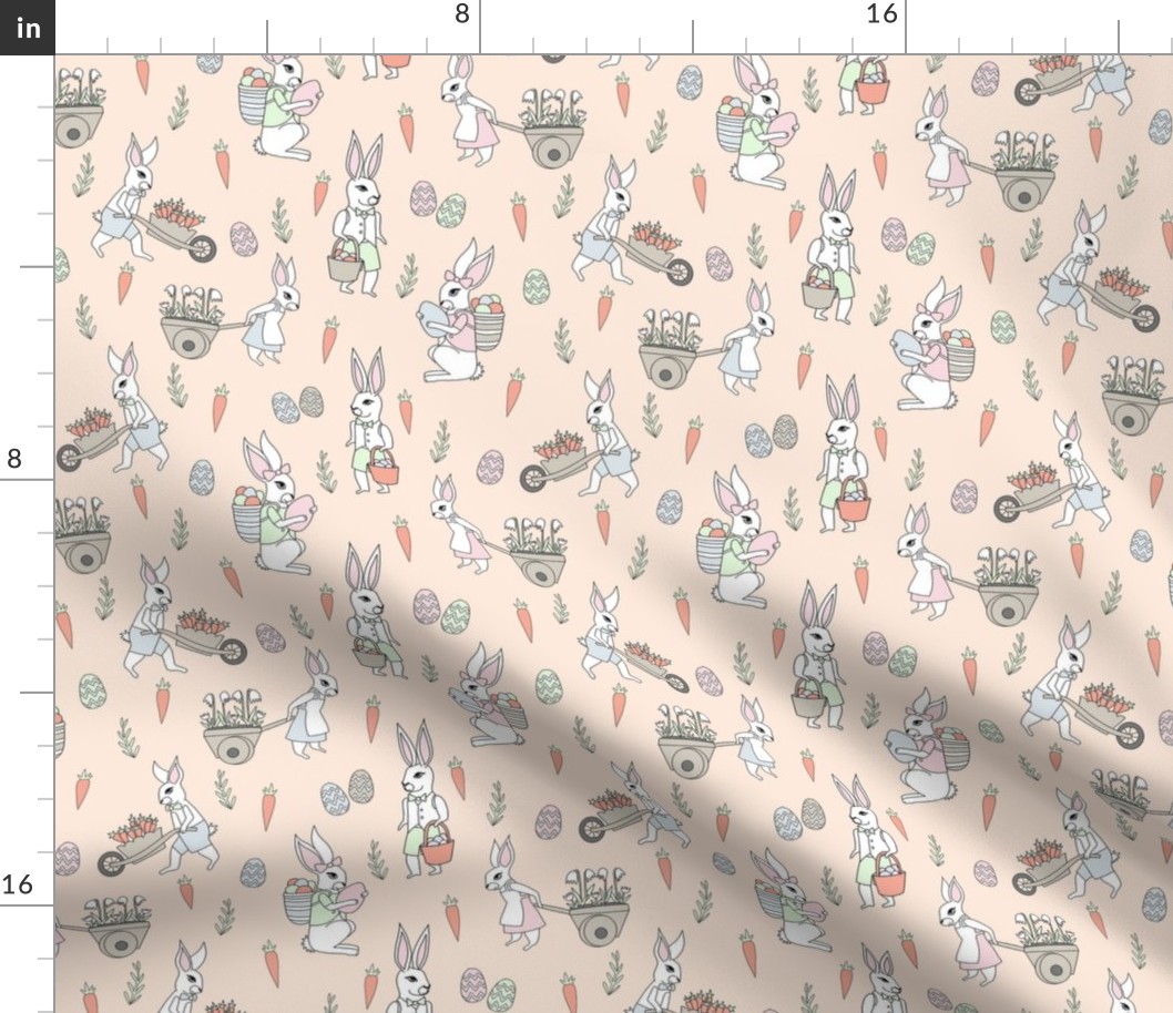 bunny farm fabric - cute bunnies fabric, easter fabric, baby easter, nursery easter, cute bunny rabbit fabric - peach