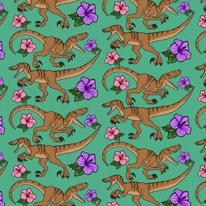 Velociraptors and Hibiscus on Teal