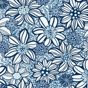Linocut style Dark Blue Floral pattern