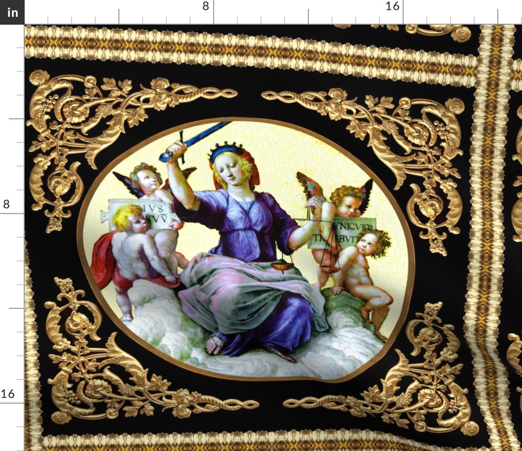 cherubs angels clouds sky heaven lady justice Iustitia blindfolded moral values swords balance scales fairness goddess supreme court lady justice law gold frame filigree acanthus symbolic baroque portrait representation personification balance fairness  i