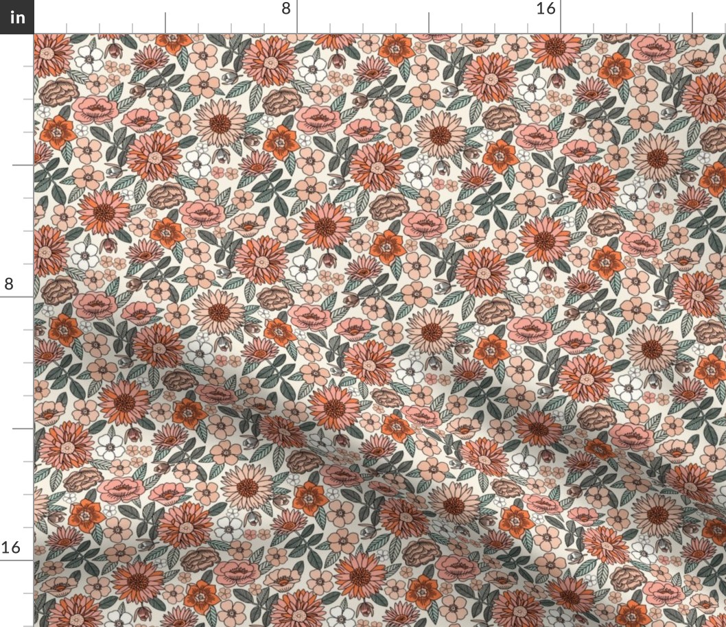 SMALL - Happy Flowers fabric - 70s flowers, seventies floral, floral, retro floral, 60s flower fabric, 70s flower fabric, retro flowers fabric - spring