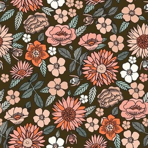 MED Happy Flowers fabric - 70s flowers, seventies floral, floral, retro floral, 60s flower fabric, 70s flower fabric, retro flowers fabric - dark