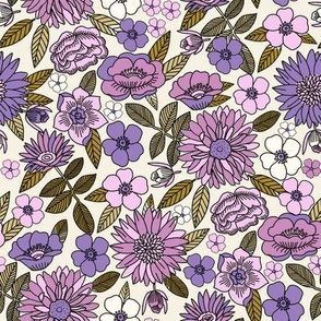 MED Happy Flowers fabric - 70s flowers, seventies floral, floral, retro floral, 60s flower fabric, 70s flower fabric, retro flowers fabric - mauve