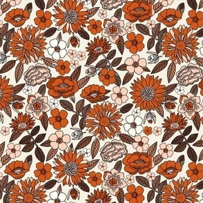 SMALL Happy Flowers fabric - 70s flowers, seventies floral, floral, retro floral, 60s flower fabric, 70s flower fabric, retro flowers fabric - rust