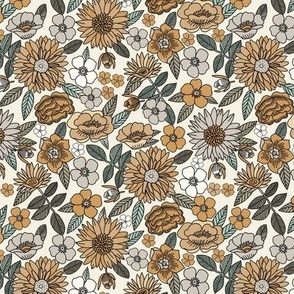 SMALL Happy Flowers fabric - 70s flowers, seventies floral, floral, retro floral, 60s flower fabric, 70s flower fabric, retro flowers fabric - ochre