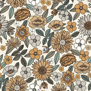LARGE Happy Flowers fabric - 70s flowers, seventies floral, floral, retro floral, 60s flower fabric, 70s flower fabric, retro flowers fabric - ochre