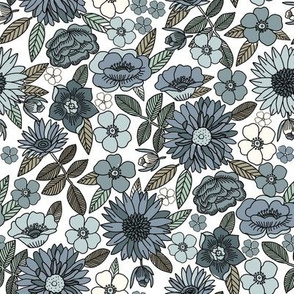 MED Happy Flowers fabric - 70s flowers, seventies floral, floral, retro floral, 60s flower fabric, 70s flower fabric, retro flowers fabric - blue