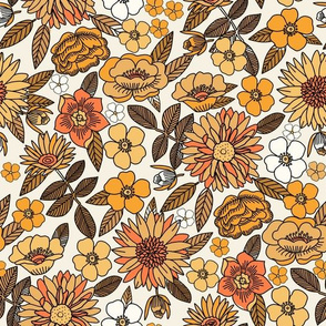 LARGE Happy Flowers fabric - 70s flowers, seventies floral, floral, retro floral, 60s flower fabric, 70s flower fabric, retro flowers fabric - yellow