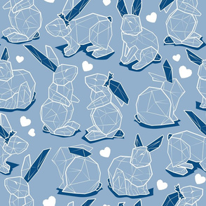 Normal scale // Geometric Easter bunnies // slate blue background blue rabbits with classic blue ears white lines and hearts