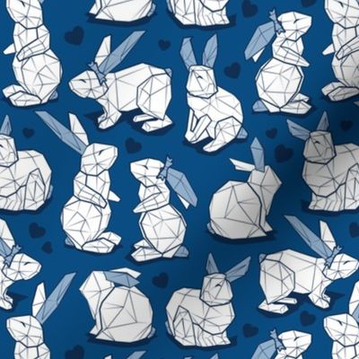 Small scale // Geometric Easter bunnies // classic blue background white rabbits with slate blue ears blue lines and midnight blue hearts