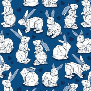 Small scale // Geometric Easter bunnies // classic blue background white rabbits with slate blue ears blue lines and midnight blue hearts