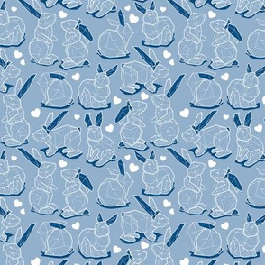 Tiny scale // Geometric Easter bunnies // slate blue background blue rabbits with classic blue ears white lines and hearts