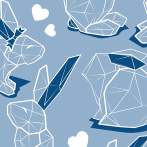 Large jumbo scale // Geometric Easter bunnies // slate blue background blue rabbits with classic blue ears white lines and hearts