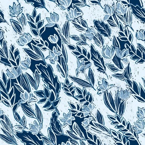 Monochromatic Painted Wild Abstract Flowers in dark blue, light blue and white