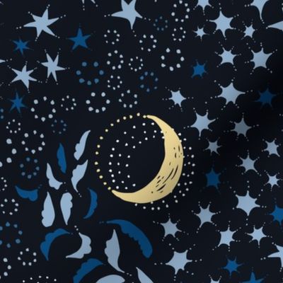 Moon Among the Stars - Blues with Yellow Moon - night sky constellations
