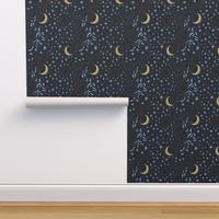 Moon Among the Stars - Blues with Yellow Moon - night sky constellations